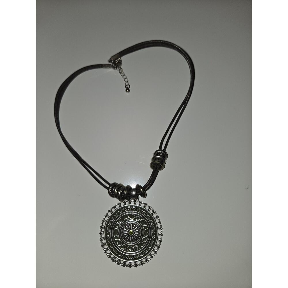 Boho Silver Tone Round Medallion Pendant Necklace Black Cord Green Rhinestone - Picture 2 of 6